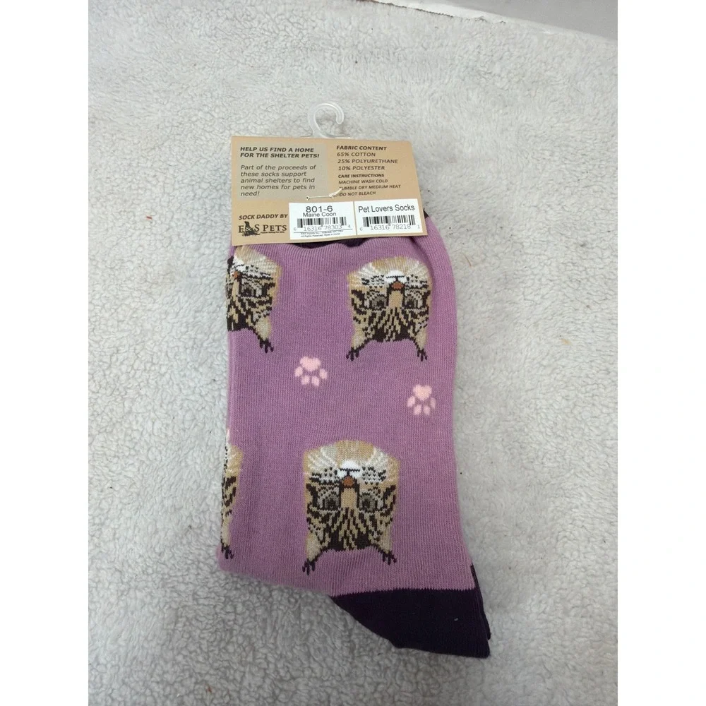 SockDaddy Crew Socks Unisex OSFM Purple Maine Coon Cat Pet Lovers 801-6